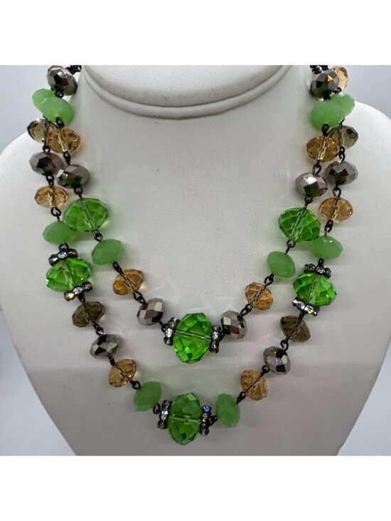 Crown Trifari Jewelry - Vintage Crown Trifari Green Glass Bead Multi-Strand Necklace With Rhinestone Acc